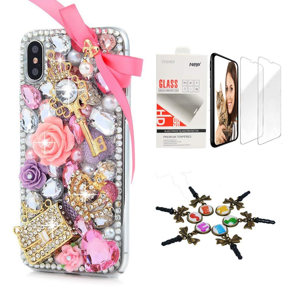 STENES Bling Case Compatible with iPhone X/Xs - Stylish - 3D Handmade [Sparkle Series] Bowknot Crown Key Bag Rose Flowers Design Cover with Screen Protector [2 Pack] - Pink