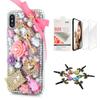 STENES Bling Case Compatible with iPhone X/Xs - Stylish - 3D Handmade [Sparkle Series] Bowknot Crown Key Bag Rose Flowers Design Cover with Screen Protector [2 Pack] - Pink view 1
