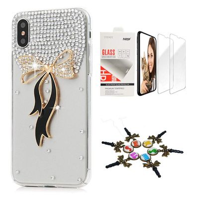 STENES Bling Case Compatible with iPhone X/Xs - Stylish - 3D Handmade [Sparkle Series] Bowknot Design Cover with Screen Protector [2 Pack] - Black
