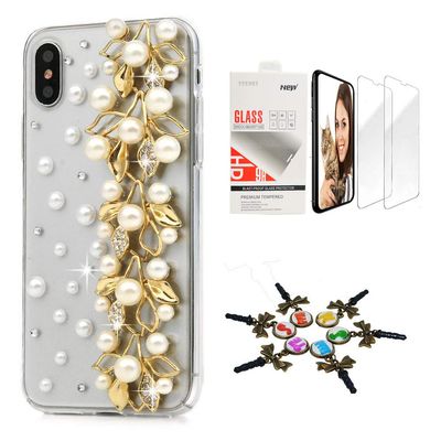 STENES Bling Case Compatible with iPhone X/Xs - Stylish - 3D Handmade [Sparkle Series] Leaf Pearl Design Cover with Screen Protector [2 Pack] - Gold