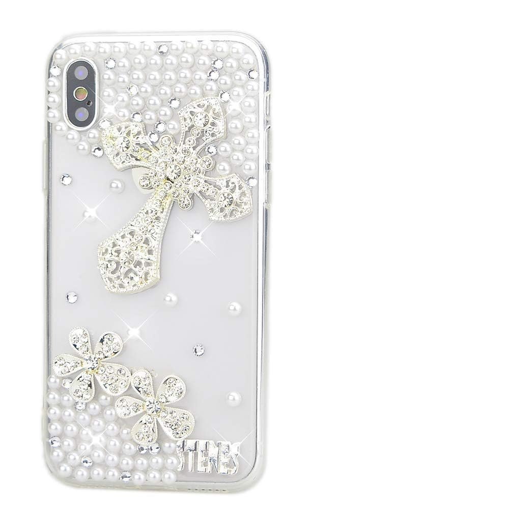 STENES Bling Wallet Case Compatible with iPhone X/Xs - Stylish - 3D Handmade [Sparkle Series] Bling Cross Flowers Design Cover with Screen Protector [2 Pack] - Silver