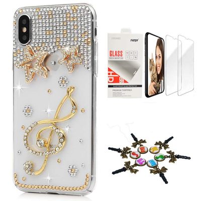 STENES Bling Case Compatible with iPhone X/Xs - Stylish - 3D Handmade [Sparkle Series] Music Star Design Cover with Screen Protector [2 Pack] - Champagne