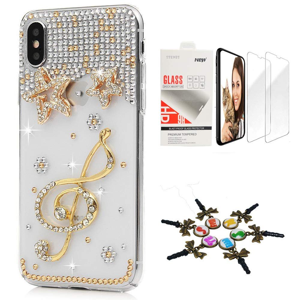 STENES Bling Case Compatible with iPhone X/Xs - Stylish - 3D Handmade [Sparkle Series] Music Star Design Cover with Screen Protector [2 Pack] - Champagne