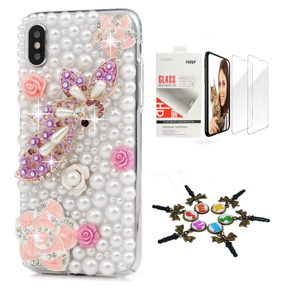 STENES Bling Case Compatible with iPhone Xs Max - Stylish - 3D Handmade [Sparkle Series] Pretty Bird Camellia Flowers Design Cover with Screen Protector [2 Pack] - Pink