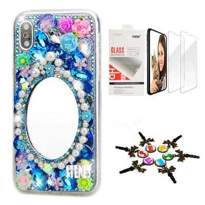 STENES Bling Case Compatible with iPhone X/Xs - Stylish - 3D Handmade [Sparkle Series] Girls Mirror Flowers Design Cover with Screen Protector [2 Pack] - Blue