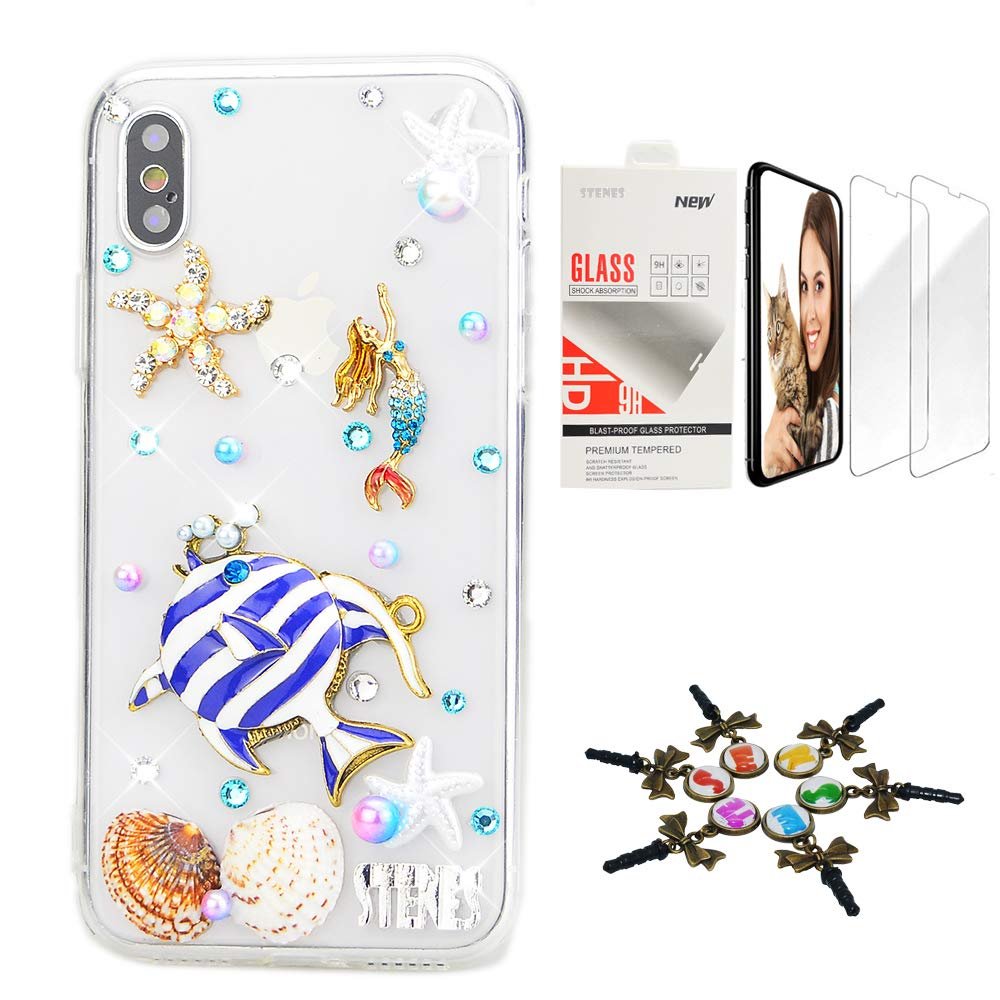 STENES Bling Case Compatible with iPhone X/Xs - Stylish - 3D Handmade [Sparkle Series] Tropical Fish MermaidDesign Cover with Screen Protector [2 Pack] - Blue