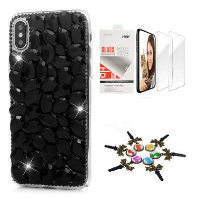 STENES Bling Wallet Case Compatible with iPhone X/Xs - Stylish - Stylish - 3D Handmade [Sparkle Series] Bling Rhinestone Design Cover with Screen Protector [2 Pack] - Black