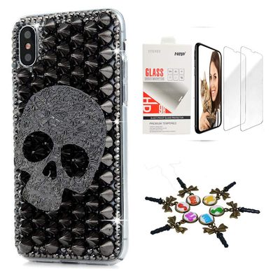 STENES Bling Case Compatible with iPhone X/Xs - Stylish - 3D Handmade [Sparkle Series] Rrivet Skull Design Cover with Screen Protector [2 Pack] - Black