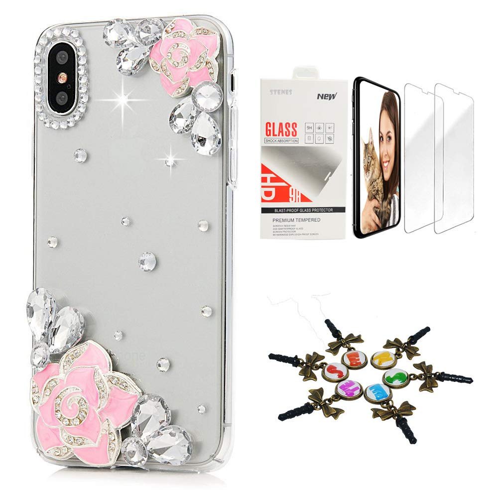 STENES Bling Case Compatible with iPhone X/Xs - Stylish - 3D Handmade [Sparkle Series] Camellia Flowers Design Cover with Screen Protector [2 Pack] - Pink