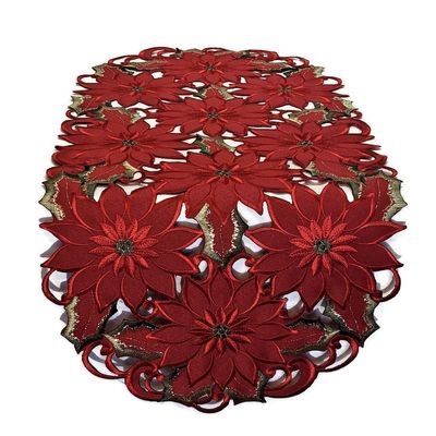 Doily Boutique Christmas Table Runner with Red Cutwork Poinsettias, Size 34 x 15 inches