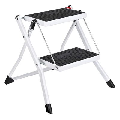 Delxo Portable Collapsible Lightweight Alloy Steel 2 Step Mini Stool Stepladder with Anti Slip Carry Hand Grip and Wide Pedal for Indoor Use, White