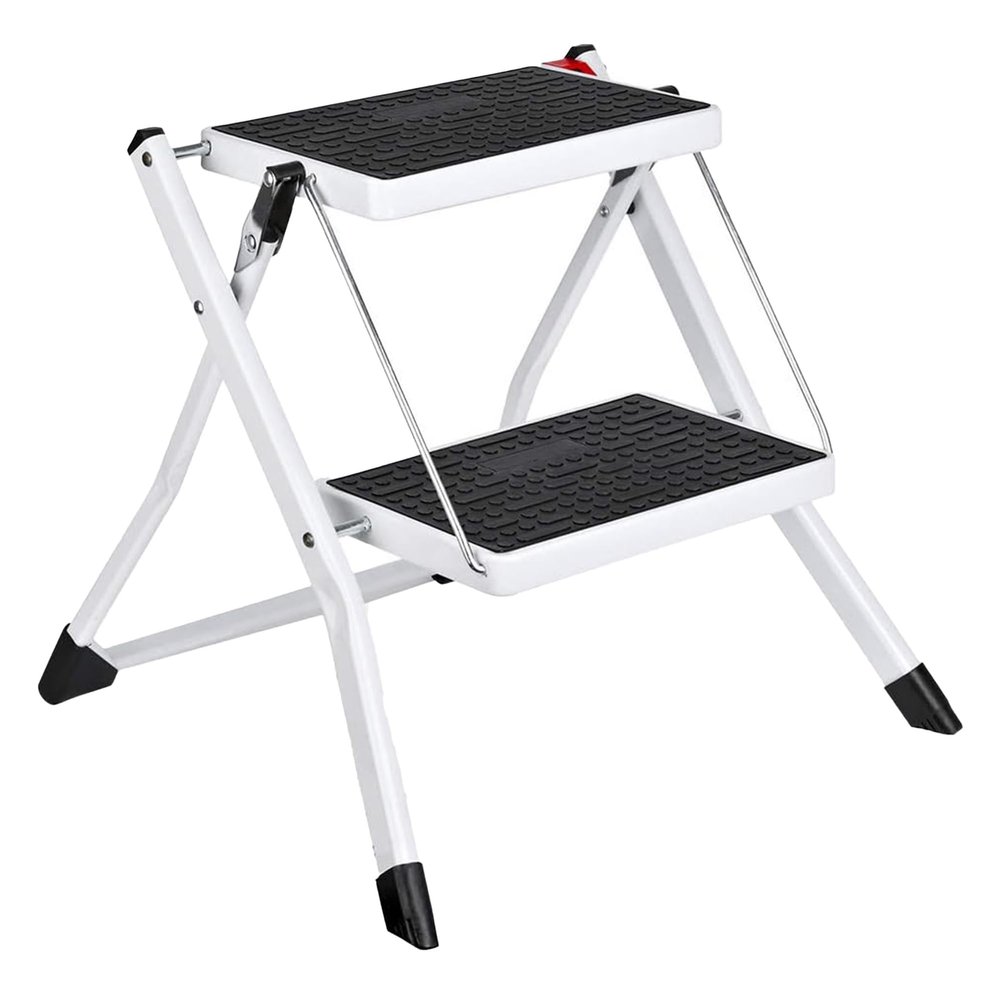 Delxo Portable Collapsible Lightweight Alloy Steel 2 Step Mini Stool Stepladder with Anti Slip Carry Hand Grip and Wide Pedal for Indoor Use, White