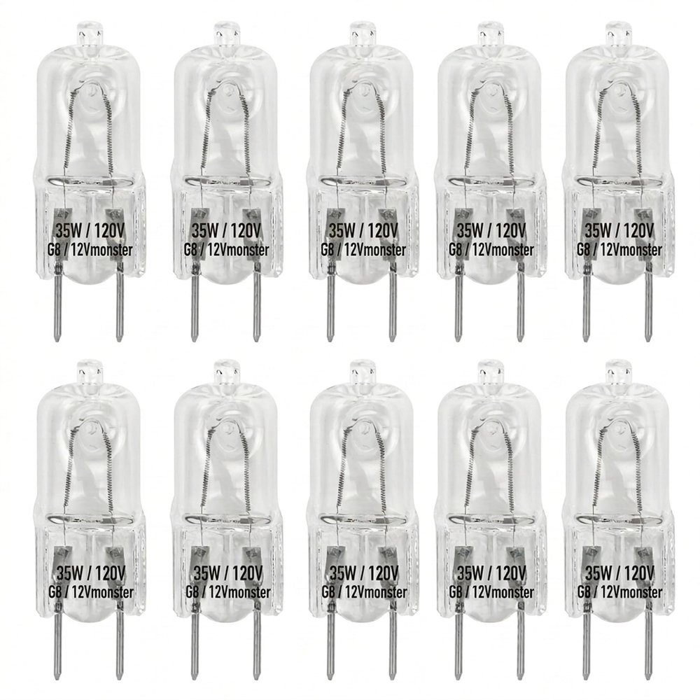 12Vmonster 10 Pack-G8 35 Watt Specialty Lighting Halogen Light Bulbs JCD Type 110v 35W T4 G8 Under Cabinet Puck Lamp Microwave Oven Stove Top Kitchen Appliance Replacement Lighting Bi Pin Clear Lens
