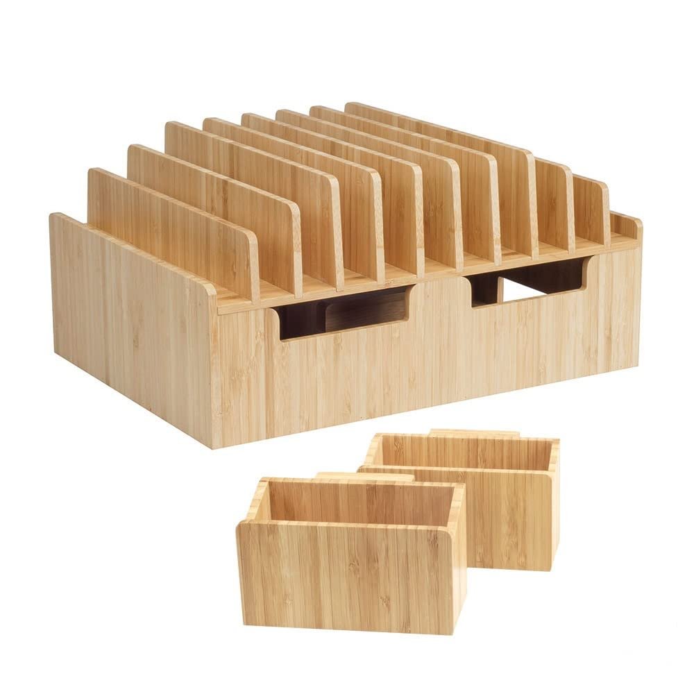 MobileVision Bamboo 10-Port Charging Station Plus 2 Caddy Add-On Combo to hold pens keys and extra storage