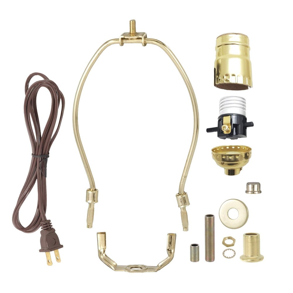 B&P Lamp Brass Plated Finish Table Lamp Wiring Kit with a 7 Inch Harp and Push-Thru Socket