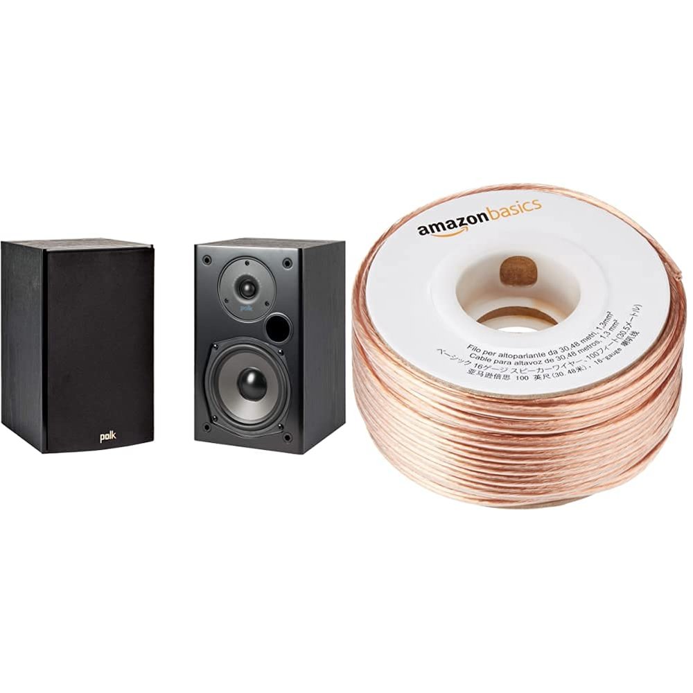 Polk Audio T15 Bookshelf Speaker (Black) and Amazon Basics 16-Gauge Speaker Wire - 100 Feet Bundle