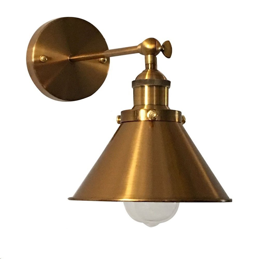 LITFAD Adjustable Wall Lighting Fixture Brass Finish 1 Light Wall Sconce 7" Industrial Wall Lamp with Cone Shade for Bedroom Living Room Restaurant