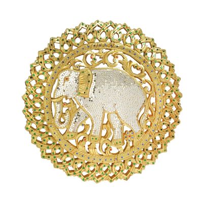 AeraVida Hand Carved Elephant Rain Tree Wood Wall Art with Gold-Tone Finish and Mirrored Glass Round Decorative Wall Hanging 17.5 Inch