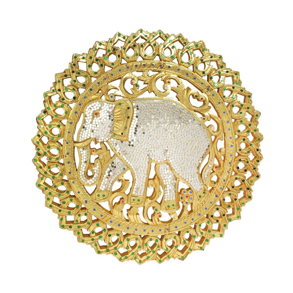 AeraVida Hand Carved Elephant Rain Tree Wood Wall Art with Gold-Tone Finish and Mirrored Glass Round Decorative Wall Hanging 17.5 Inch