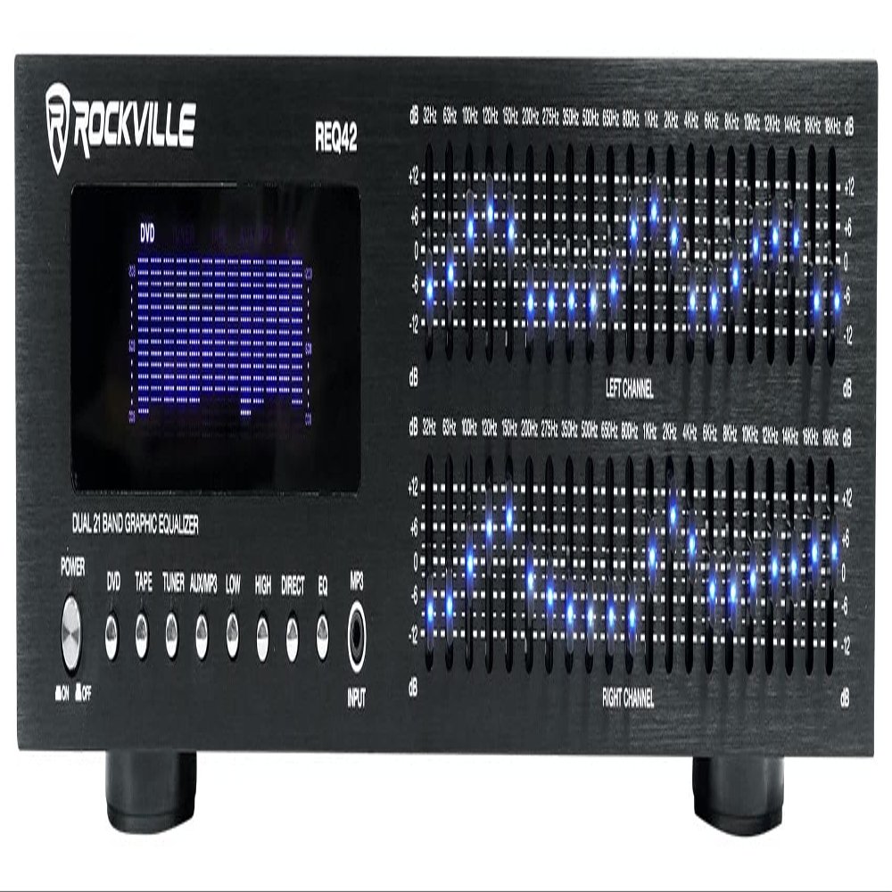 Rockville REQ42-B Dual 21-Band Graphic Equalizer, 19" Rack Mount, RCA In/Out, 3.5mm MP3 Input, LED Indicators, VU Meters, for Studio and Live Sound