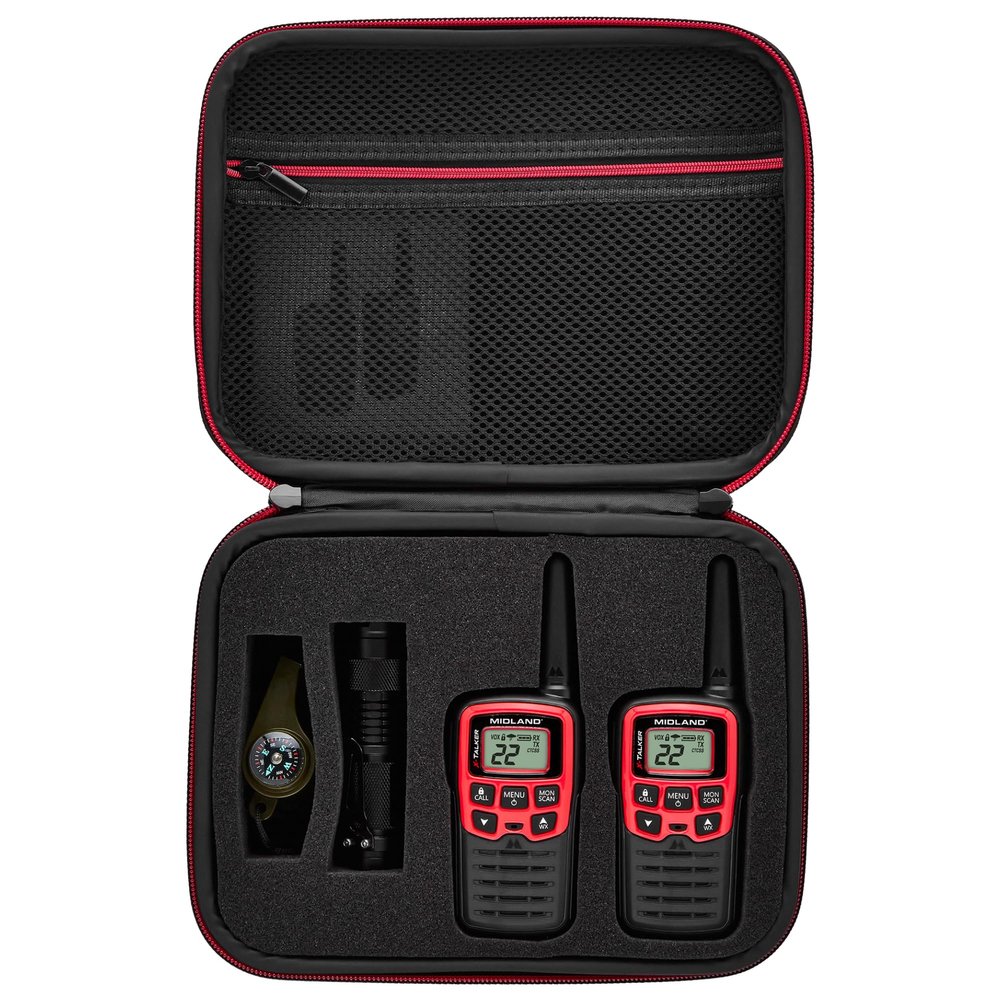 Midland-EX37VP, E+Ready Emergency Two-Way Radio Kit-Pair of T31VP FRS Two-Way Radios, 9 LED Flashlight, Whistle With Compass and Temperature Gauge, In SoftShell Carrying Case (Pair Pack)