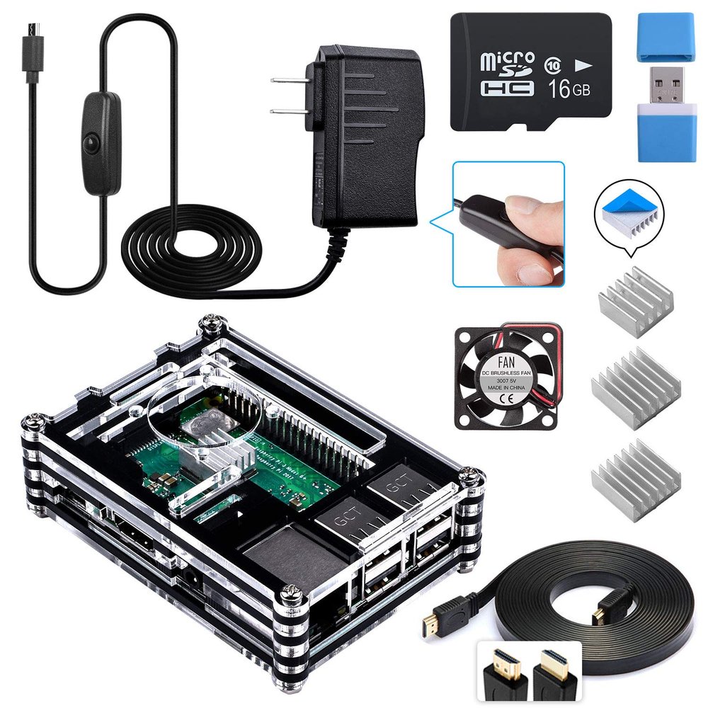 Smraza Case for Raspberry Pi 4 with Cooling Fan, 4PCS Heatsinks, 5V 3A USB-C Power Supply, USB Card Reader, 6 Feet Micro HDMI Cable, 6 Inch Micro HDMI to HDMI Adapter Cable (Black and Clear)