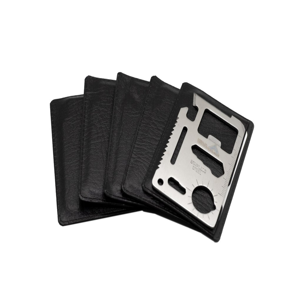 (5-Pack, Silver) Ninja Outdoorsman 11 in 1 Stainless Steel Credit Card Pocket Sized Survival Multi-Functional Gadget Tool - Great Gift or Stocking Stuffer for Camping, Hiking or Emergency