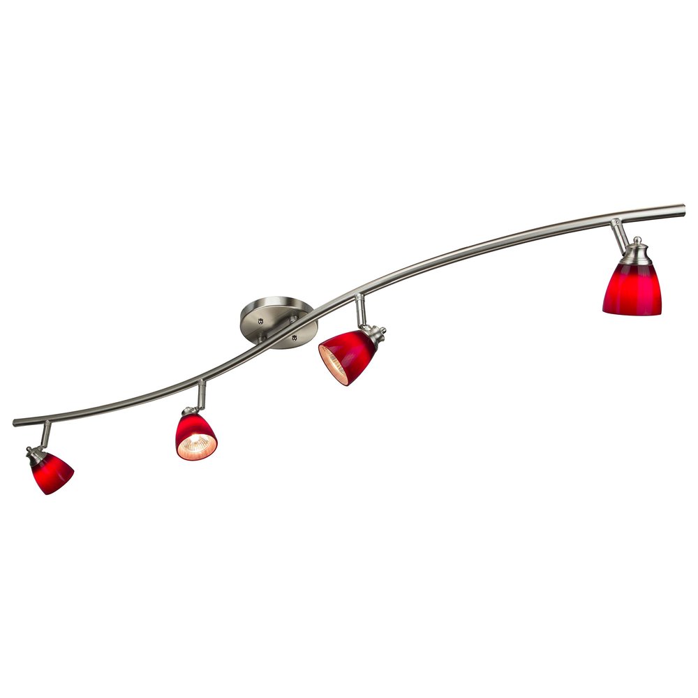 Direct-Lighting 4 Light Adjustable Track Light, Brushed Steel Finish, Red Glass Shade, Ready to Install, Bulb Included, D268-44C-BS-BRED