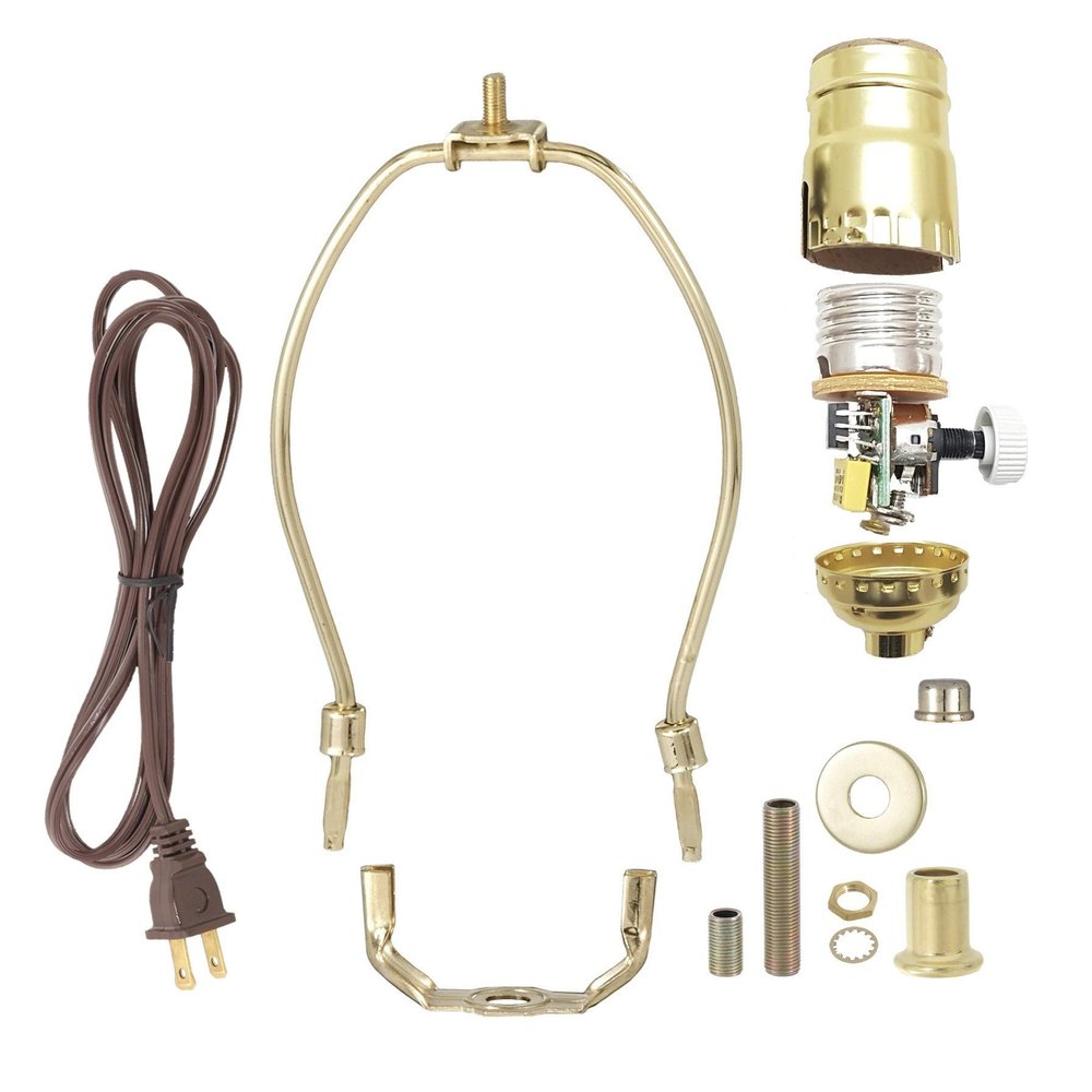 B&P Lamp Brass Plated Finish Table Lamp Wiring Kit with 7 Inch Harp and Full-Range Dimmer Socket