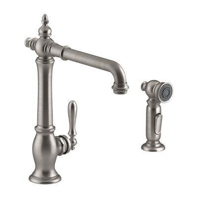 KOHLER Artifacts 2-hole kitchen sink faucet with 13-1/2" swing spout and matching finish two-function sidespray with Sweep and BerrySoft spray, Victorian spout design