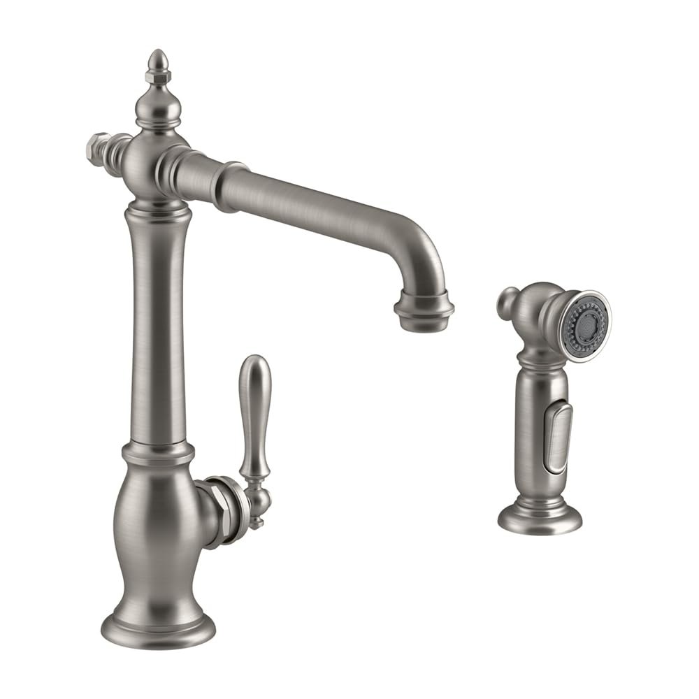 KOHLER Artifacts 2-hole kitchen sink faucet with 13-1/2" swing spout and matching finish two-function sidespray with Sweep and BerrySoft spray, Victorian spout design