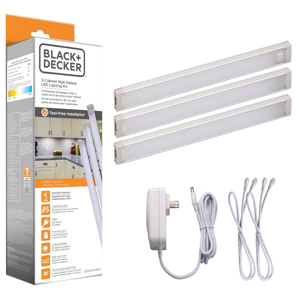 PureOptics LED Under Cabinet Lighting Kit, 3-Bars, 9 Inches Each, DIY Tool-Free Installation, Warm White, 2700K, 1080 Lumens, 15 Watts, Home Accent (LEDUC9-3WK)