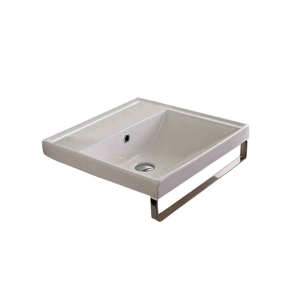 Scarabeo 3001-TB-No Hole ML Square Wall Mounted Ceramic Sink with Polished Chrome Towel Bar, White