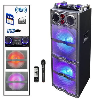 beFree Sound Double 10 Inch Subwoofer Bluetooth Portable Party Speaker with Reactive Lights, USB/SD Input, FM Radio, Remote Control and Microphone