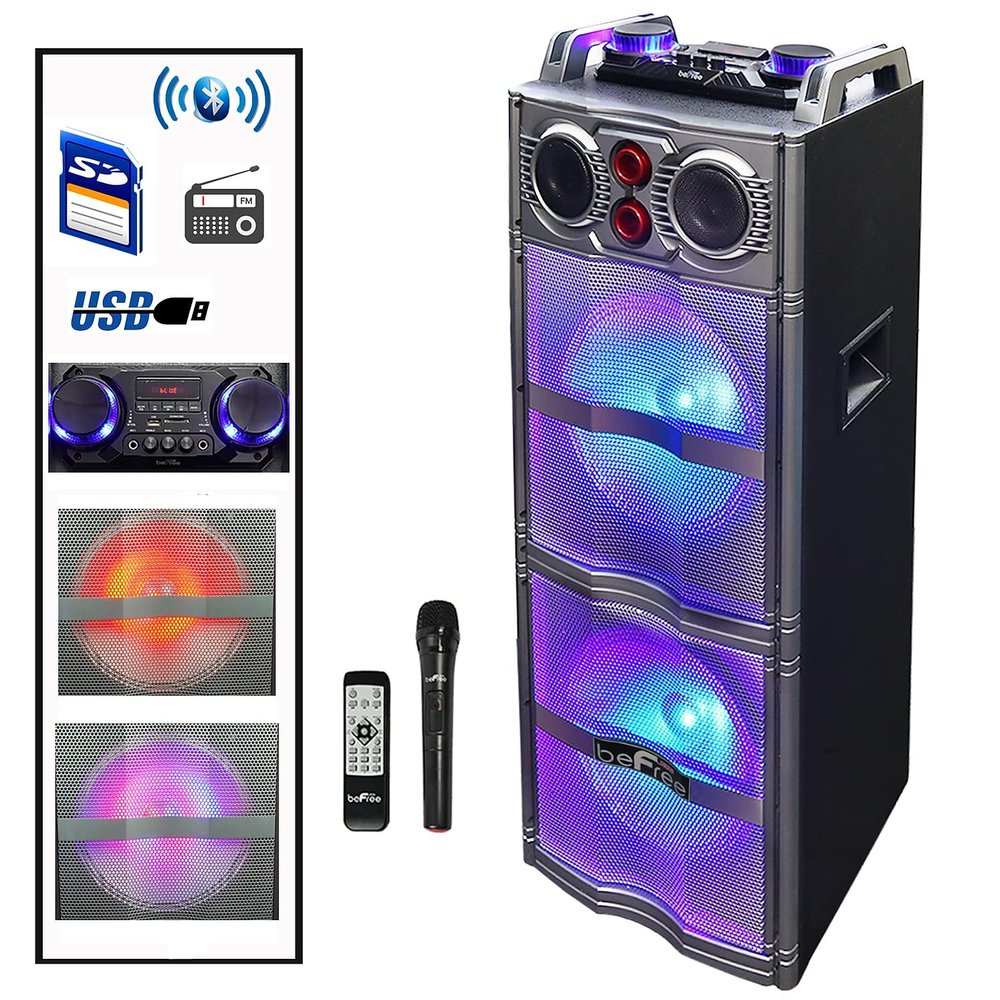 beFree Sound Double 10 Inch Subwoofer Bluetooth Portable Party Speaker with Reactive Lights, USB/SD Input, FM Radio, Remote Control and Microphone