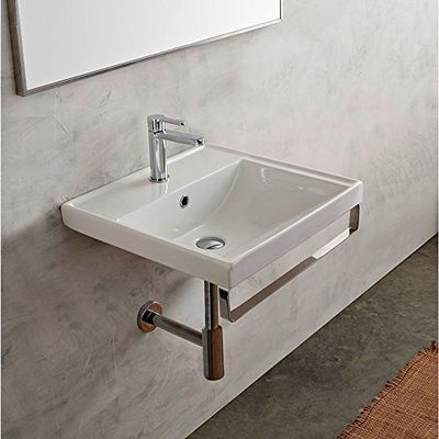 Scarabeo 3001-TB-One Hole ML Square Wall Mounted Ceramic Sink with Polished Chrome Towel Bar, White