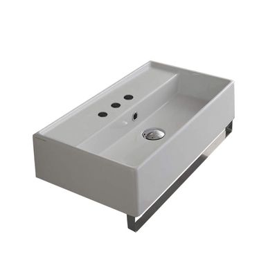 Scarabeo 5002-TB-Three Hole Teorema Rectangular Wall Mounted Ceramic Sink with Polished Chrome Towel Bar, White
