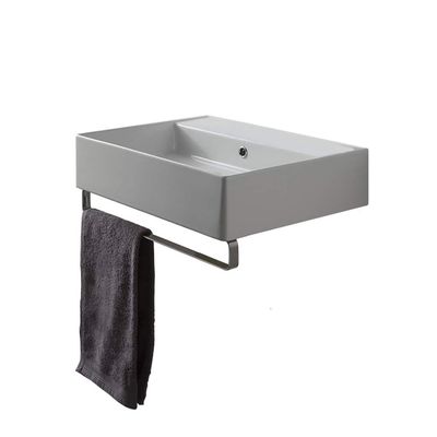 Scarabeo 8031/R-60-TB-No Hole Teorema Rectangular Wall Mounted Ceramic Sink with Polished Chrome Towel Bar, White