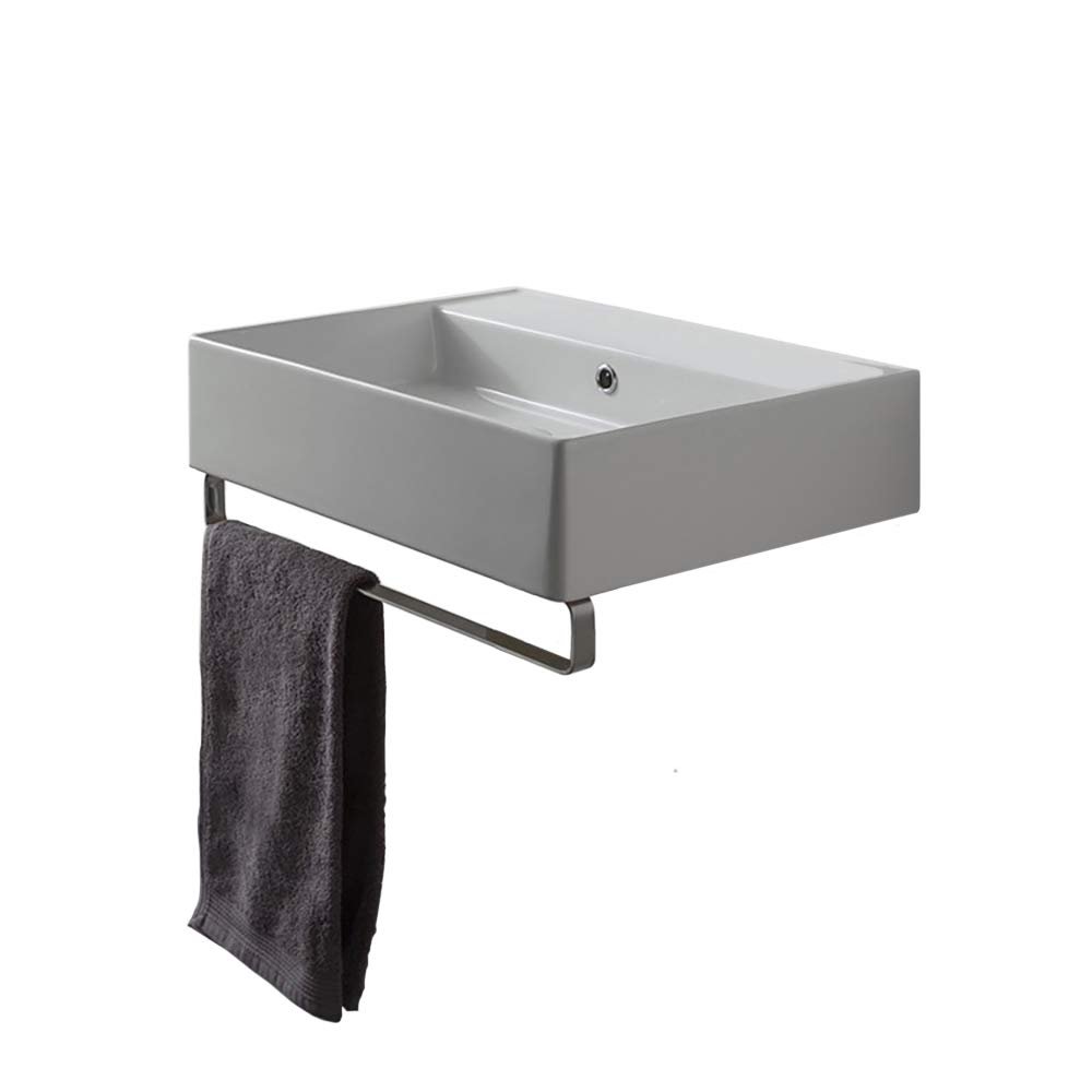 Scarabeo 8031/R-60-TB-No Hole Teorema Rectangular Wall Mounted Ceramic Sink with Polished Chrome Towel Bar, White