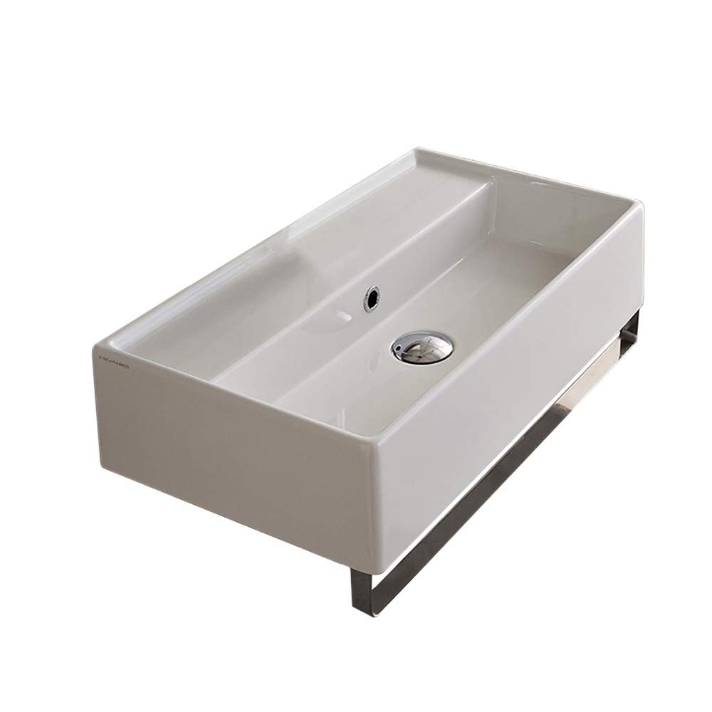 Scarabeo 5001-TB-No Hole Teorema Rectangular Wall Mounted Ceramic Sink with Polished Chrome Towel Bar, White