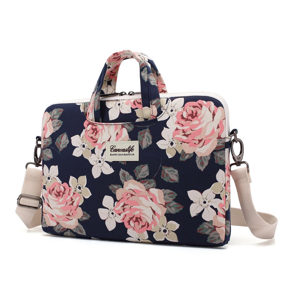 Canvaslife White Rose Patten Canvas Laptop Shoulder Messenger Bag Case Sleeve for 14 Inch 15 Inch Laptop 15 Case Laptop Briefcase 15.6 Inch