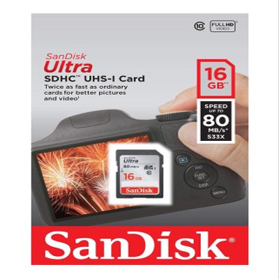 SanDisk Ultra 16GB Class 10 SDHC Memory Card Up to 80MB/S- SDSDUNC-016G