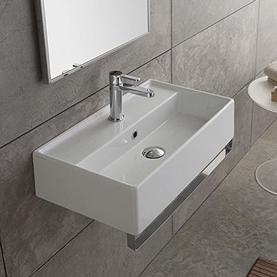 Scarabeo 5002-TB-One Hole Teorema Rectangular Wall Mounted Ceramic Sink with Polished Chrome Towel Bar, White