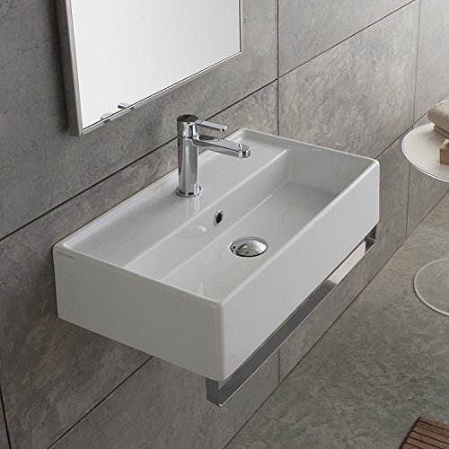Scarabeo 5002-TB-One Hole Teorema Rectangular Wall Mounted Ceramic Sink with Polished Chrome Towel Bar, White