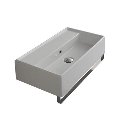 Scarabeo 5002-TB-No Hole Teorema Rectangular Wall Mounted Ceramic Sink with Polished Chrome Towel Bar, White