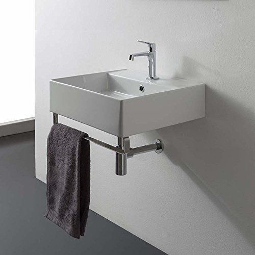 Scarabeo 8031/R-40-TB-One Hole Teorema Square Wall Mounted Ceramic Sink with Polished Chrome Towel Bar, White