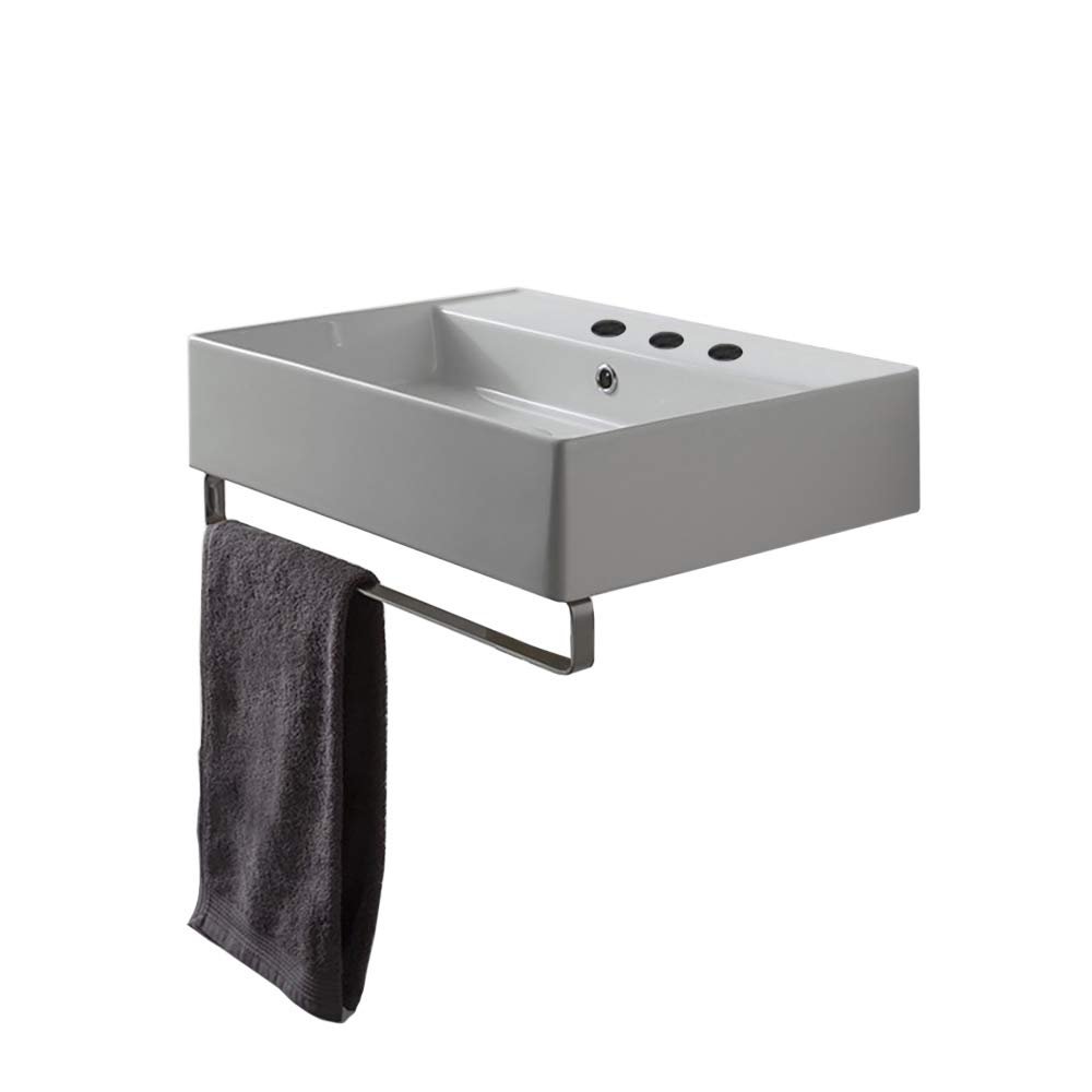 Scarabeo 8031/R-TB-Three Hole Teorema Square Wall Mounted Ceramic Sink with Polished Chrome Towel Bar, White
