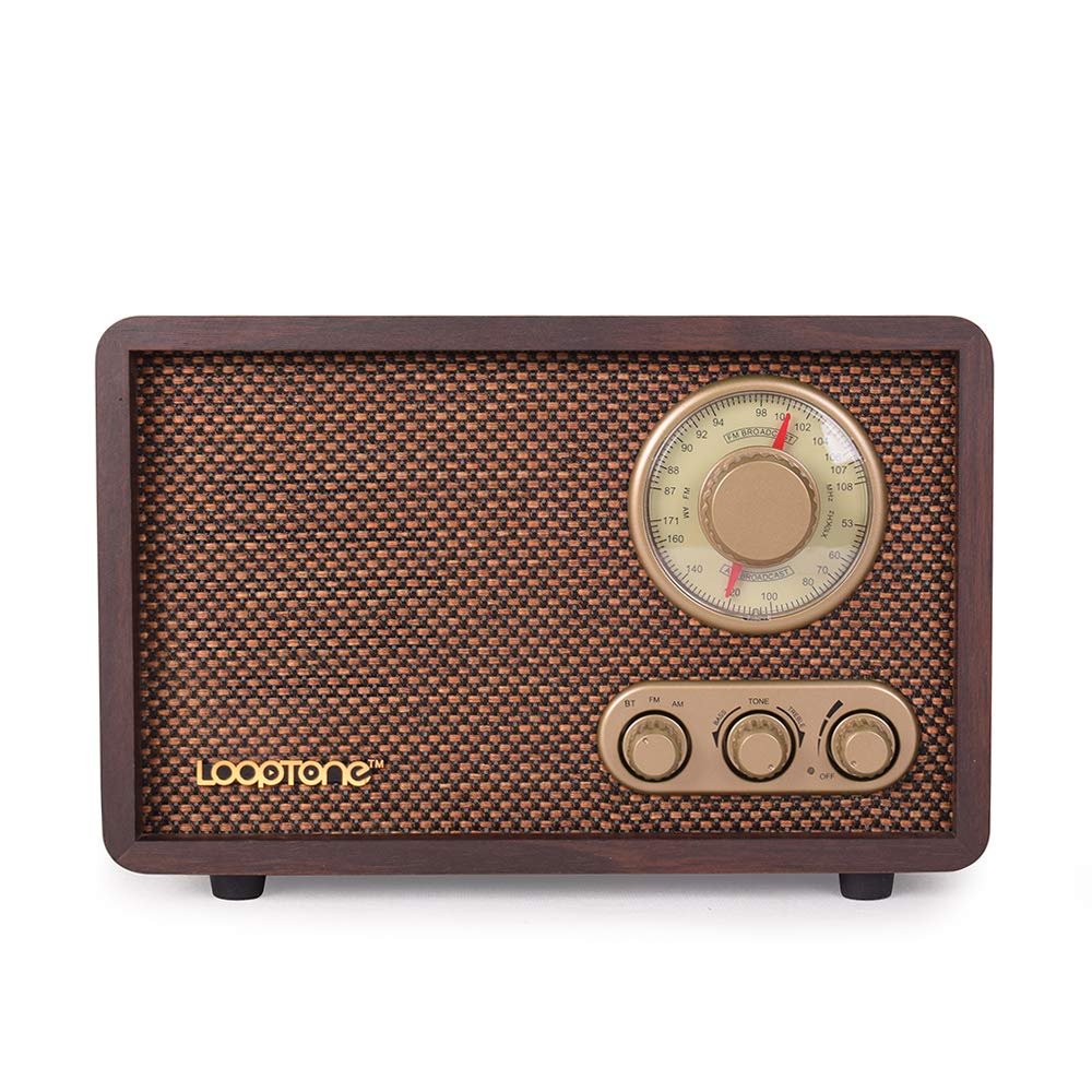 LoopTone FM AM Radio Retro Wood Radio with Bluetooth Play Mp3 and Antenna Built in Speaker for Kitchen Living Room Coffee