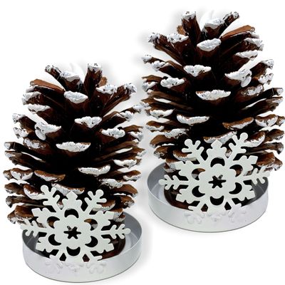 Lighted Pine Cone Christmas Decor Set of 2, Real Pinecones in White Metal Snowflake Holders, Snow Brushed Flameless LED Candle Decorations for Table, Mantel, Shelf, Holiday Centerpiece, 5.5" H