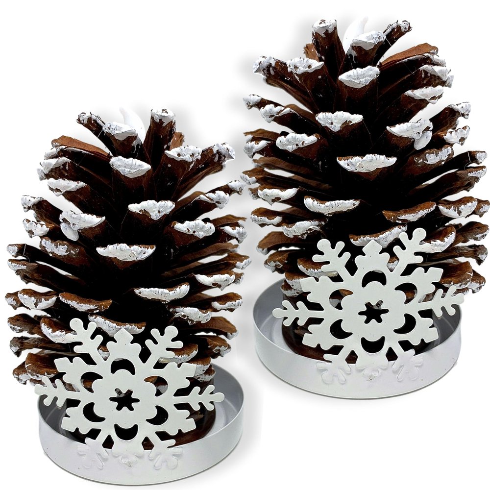 Lighted Pine Cone Christmas Decor Set of 2, Real Pinecones in White Metal Snowflake Holders, Snow Brushed Flameless LED Candle Decorations for Table, Mantel, Shelf, Holiday Centerpiece, 5.5" H